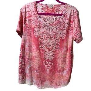 One World Rose Coral Embellished Bohemian  Paisley V Neck T Shirt Top Women's 1X